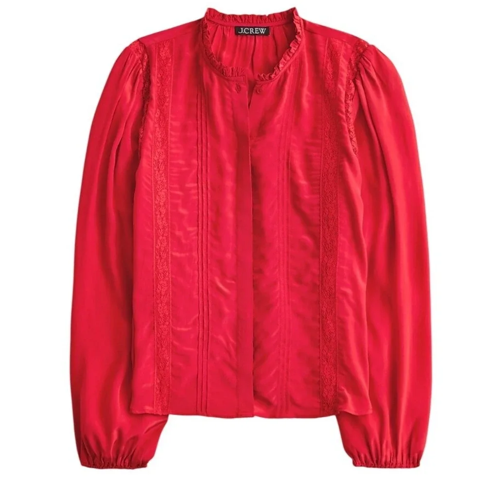 J.Crew CN519 Red Lace Trim Pintuck Ruffle Blouse‎ Top Size 0 NWT  $98